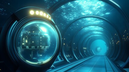Wall Mural - a massive underwater research station blueprint, including submarine docks, glass tunnels, and ocean