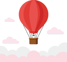 bright red hot air balloon soaring above fluffy pink clouds in a minimal and cheerful design style v
