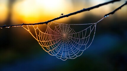 Dew-kissed spiderweb at sunrise