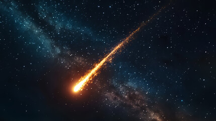 realistic comet or falling meteor with trail in night sky with stars. burning shooting star with glo