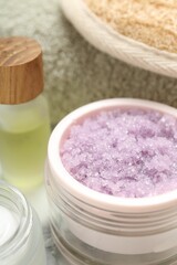 Wall Mural - different body care products on table, closeup