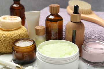 Wall Mural - different body care products on table, closeup