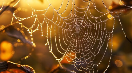 A spiderweb glistening with dew drops, illuminated by warm sunlight, creating a beautiful and intricate pattern in nature.