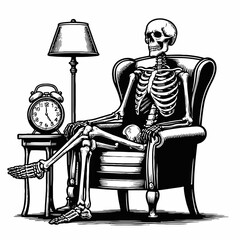 Wall Mural - skeleton sitting in chair with alarm clock and lamp in monochrome illustration