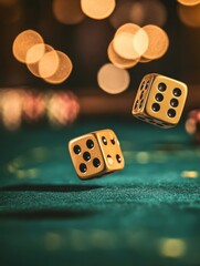 Fototapete - Golden dice roll across a velvet green casino table amidst glowing lights and high stakes atmosphere Generative AI