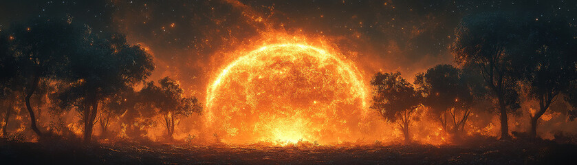 Wall Mural - Erupting celestial event illuminates forest landscape at twilight stunning digital artwork surreal atmosphere