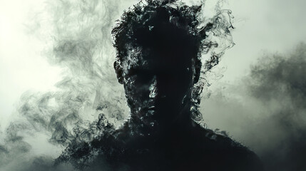 Wall Mural - Ethereal transformation of a human figure abstract space digital art dark atmosphere close-up view identity and existence