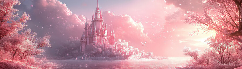 Wall Mural - Enchanting castle adventure fantasy land digital artwork ethereal landscape bird's eye view dreamlike concept