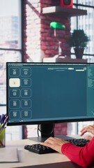 Vertical Video Mature developer coding cloud computing with AI chatbot on pc, working from her home and focuses on the software development process for productivity and innovation. Prompts for code