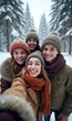 © Makaron - A cheerful group of friends enjoying a snowy day in a winter forest, capturing a joyful moment in their stylish winter attire.