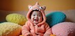 © Makaron - A delightful baby in a playful monster hoodie, surrounded by colorful plush cushions, exuding joy and innocence ideal for childrens products, parenting, and lifestyle content.