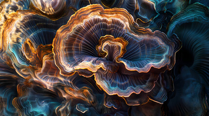 A close-up of the intricate pattern on an alien mushroom, resembling delicate ripples. Alien Fungi. Illustration