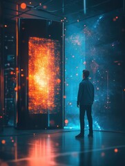 Fototapete - Quantum computing developer engages with holographic algorithms next to a glowing quantum computer in a futuristic tech environment Generative AI