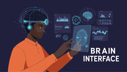 Black man working on brain interface new technologies with holographic display interface