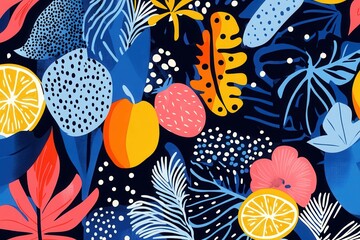 Aufkleber - Bright and colorful seamless pattern featuring various fresh vegetables and fruits designed in a modern flat style against a dark background