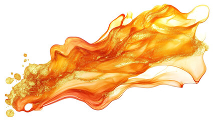 Wall Mural - one single orange and golden alcohol ink abstract splash stain isolated on white or transparent back