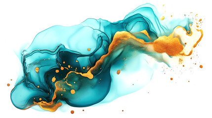 Wall Mural - one single teal and golden alcohol ink abstract splash stain isolated on white or transparent backgr