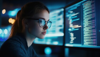 A young female software developer working late at night in a dark room focused on coding and programming while looking at computer screens displaying lines of code