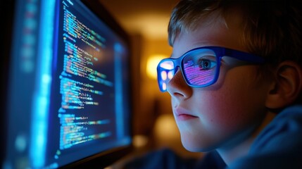 Child focused on computer screen displaying code