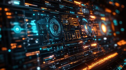 Futuristic interface, complex data display, dark room, network activity in background.  Possible use  Technology concept