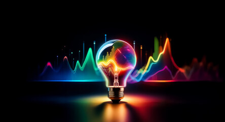 Wall Mural - a luminous light bulb radiates vibrant spectrum of colors, creating glowing waves against a dark bac