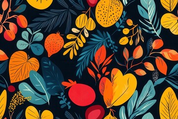 Poster - Colorful seamless pattern featuring an array of fresh fruits and vegetables in a modern flat style for vibrant and appealing design projects