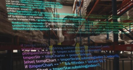 animation overlaying computer code on warehouse shelves with stored items