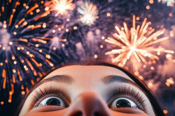 Poster - Wide-eyed wonder of a spectator admiring vibrant fireworks in a starry night sky, filled with excitement and joy Generative AI