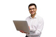 © muse studio - Professional man with glasses smiles while using laptop in a modern environment