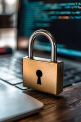 cybersecurity concept gold padlock on laptop