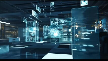 Advanced digital technology rendering with futuristic grid and glowing data streams