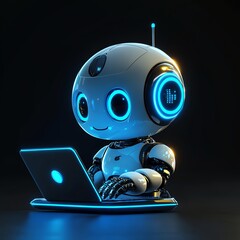 cute robot working on a laptop, blue neon light highlighting futuristic tech, ai chatbot assistant t