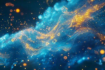 Wall Mural - abstract representation cloud computing with blue golden digits and digital motion