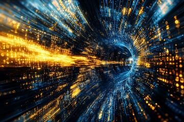 Wall Mural - abstract representation cloud computing with blue golden digits and digital motion