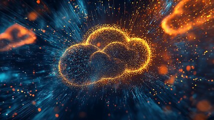 Wall Mural - blue golden holographic cloud icon amidst digital data flow in web space