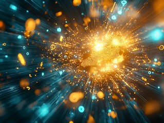 Wall Mural - digital motion cloud icons and blue golden light surrounding web data flow