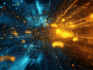 Wall Mural - digital motion cloud icons and blue golden light surrounding web data flow