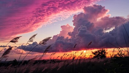 Wall Mural - Sunset over fields with colorful clouds and vibrant skies