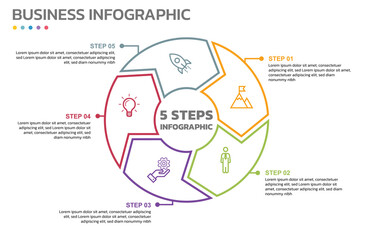 Poster - Visual data presentation. Cycle diagram with 5 options. Pie Chart Circle thin line infographic template with 5 steps, options, parts, segments. Business concept. Editable pie chart with sectors.