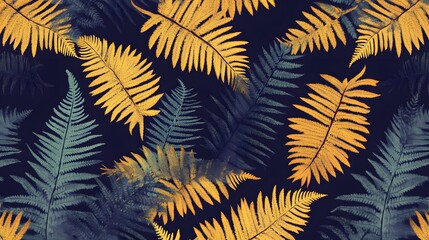Naklejka na meble Golden and Teal Fern Leaves Seamless Pattern Botanical Illustration
