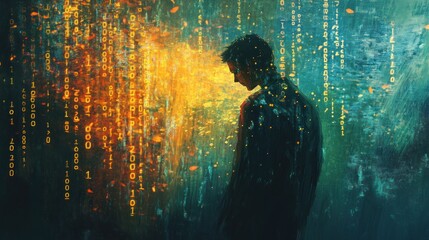 Abstract developer contemplation amid binary code, immersive digital experience