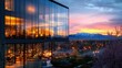 Modern restaurant exterior at sunset, mountain view, city lights reflected in glass