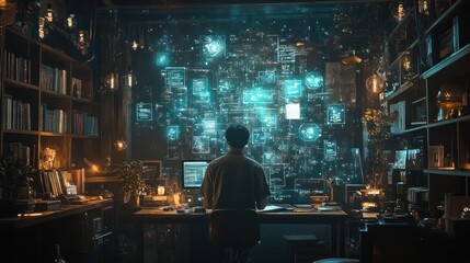 Programmer analyzes data, futuristic office, night