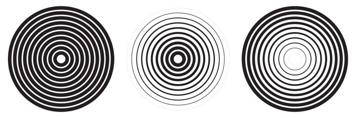 Abstract black concentric, hypnotic dotted and line circle elements isolated on a white background. Halftone ring polygon pattern. Geometric centric vector illustration