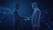© KamStudio - Two businesspeople shaking hands in office, symbolizing partnership and collaboration, dark blue wireframe background with glowing lines.