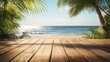 © CLOVER BACKGROUND - Empty Wooden Planks with Blurry Beach Backdrop Under Tropical Sky