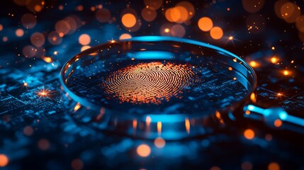 Magnifying Glass over Digital Fingerprint with Bokeh Lights