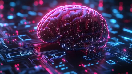 Aufkleber - A cybernetic human brain illustration, glowing with vibrant neon colors, infused with AIdriven circuitry and futuristic digital networks, hightech scifi atmosphere, ultrarealistic