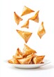 © ANUAR - Golden-brown fried samosas flying above a white plate, capturing the essence of delicious Indian snacks in mid-air for enticing food photography.