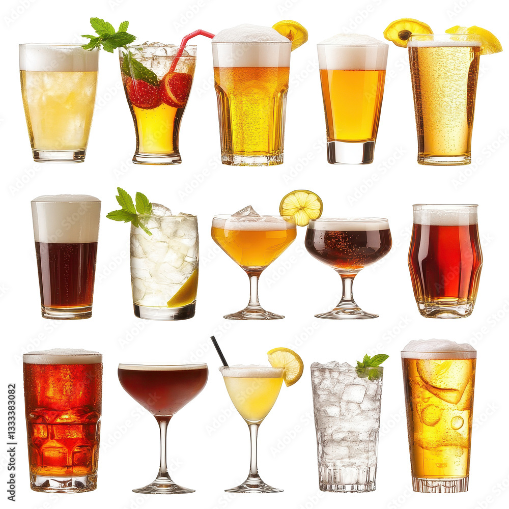 Various cocktails and beers displayed on a Transparent background ...